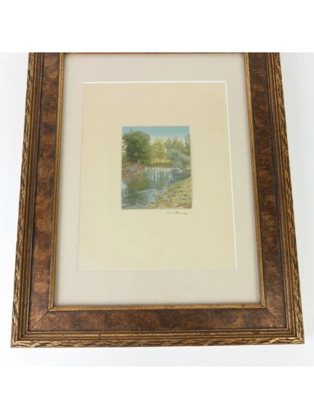 Wallace Nutting Hand Colored Photograph Antique Print Trees Pond Swimming Framed